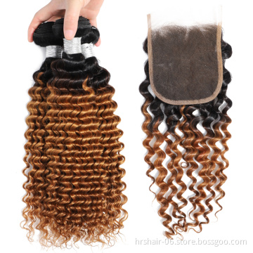 1B 27 Ombre Honey Blonde with Closure Deep Wave Human Hair Weave 3 4 Bundles with Lace Closure Brazilian Virgin Hair